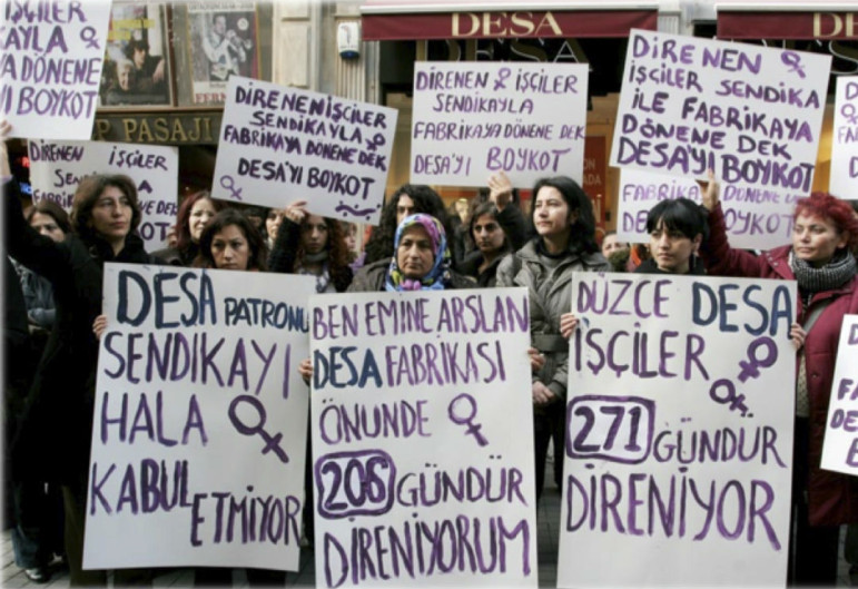 Demonstrations against DESA, Turkey's luxury leather goods manufacturer and supplier to retailers like Prada and Burberry, demanding improved working and wage conditions.